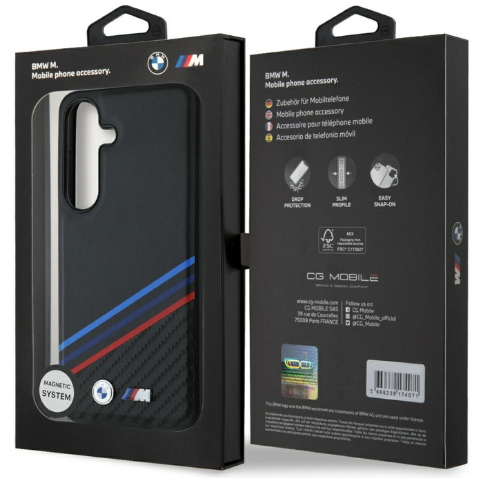 Cover BMW Pelle Tricolore Strisce incrociate MagSafe per Samsung Galaxy S25 nero