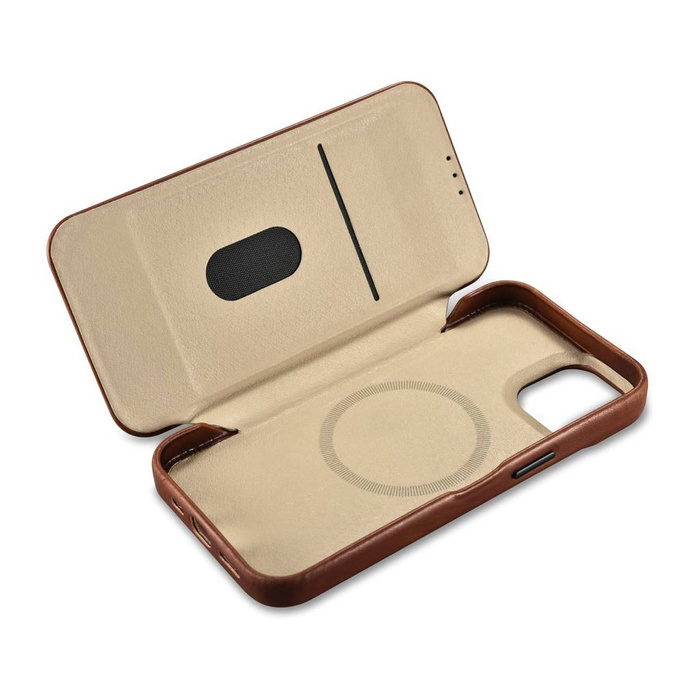 iCarer CE Oil Wax Premium Leather Folio Case Étui en cuir pour iPhone 14 Plus rabat magnétique MagSafe marron (AKI14220707-BN)