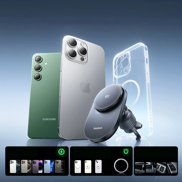 Uchwyt magnetyczny Baseus PrimeTrip VC2 Pro z ładowarką Qi2.2 z wentylatorem na kratkę nawiewu - czarny