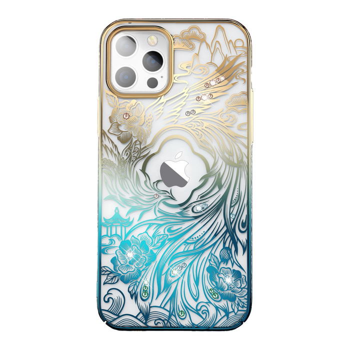 Funda de lujo para iPhone 14 con cristales Kingxbar Phoenix - Dorado y azul