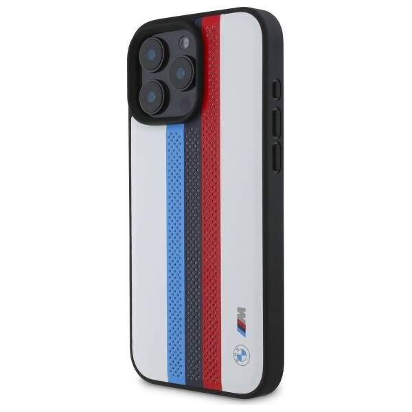 Case BMW iPhone 16 Pro Max 6.9" white/white hardcase M Perf. Tricolor Printed Stripes MagSafe