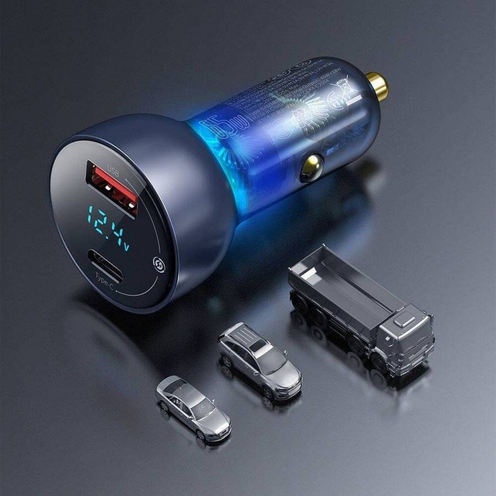 Baseus car charger USB / USB Type C 65 W 5 A SCP Quick Charge 4.0+ Power Delivery 3.0 LCD display + USB Typ C - USB Typ C cable transparent (CCKX-C0A)