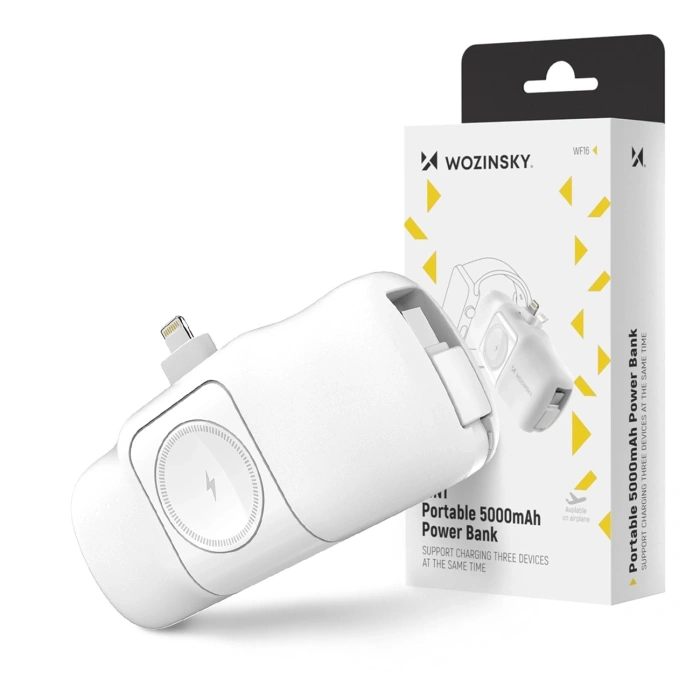 Mini powerbank Wozinsky WF16-YLS 5000mAh 15W Lightning z wbudowanym kablem USB-C i ładowarką do Apple Watch - biały