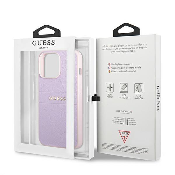 Hülle GUESS Apple iPhone 13 13 Pro Saffiano Hot Stamp & Metall Logo Lila Case