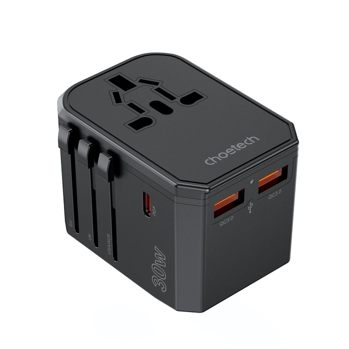Choetech PD6041 Caricabatterie da viaggio USB-C USB-A PD 30W con 4 prese US EU UK AU - Nero