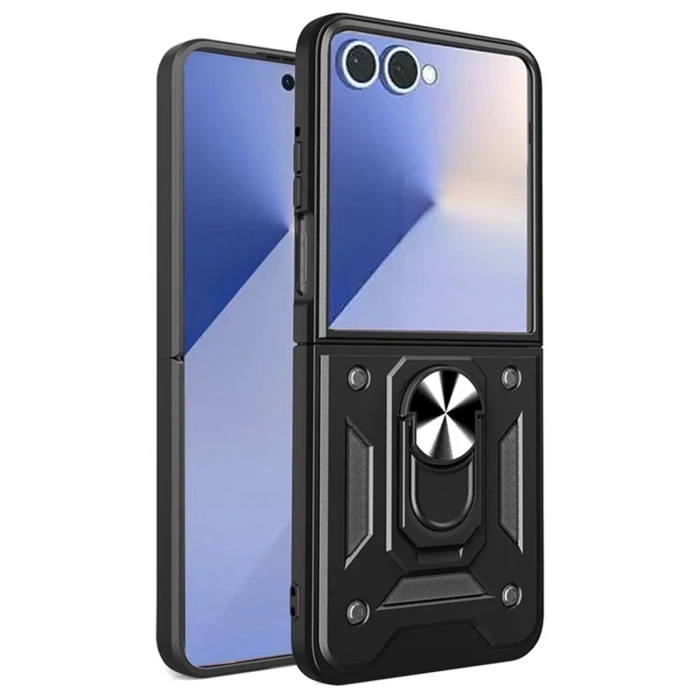 Hybrid Armor Camshield Armored Case with Stand and Camera Cover for Samsung Galaxy Z Flip 7 - Black