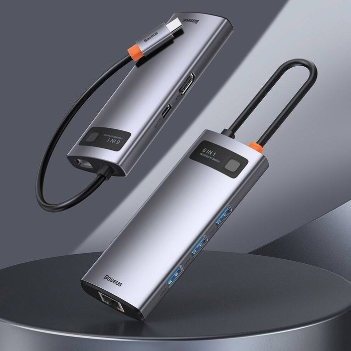 [B WARE]  Baseus Metal Gleam 6in1 Multifunktions-HUB USB Typ C - USB Typ C Stromversorgung 100 W / HDMI 4K 30 Hz / 3x USB 3.2 Gen 1 / RJ45 1 Gbit/s (CAHUB-CW0G)