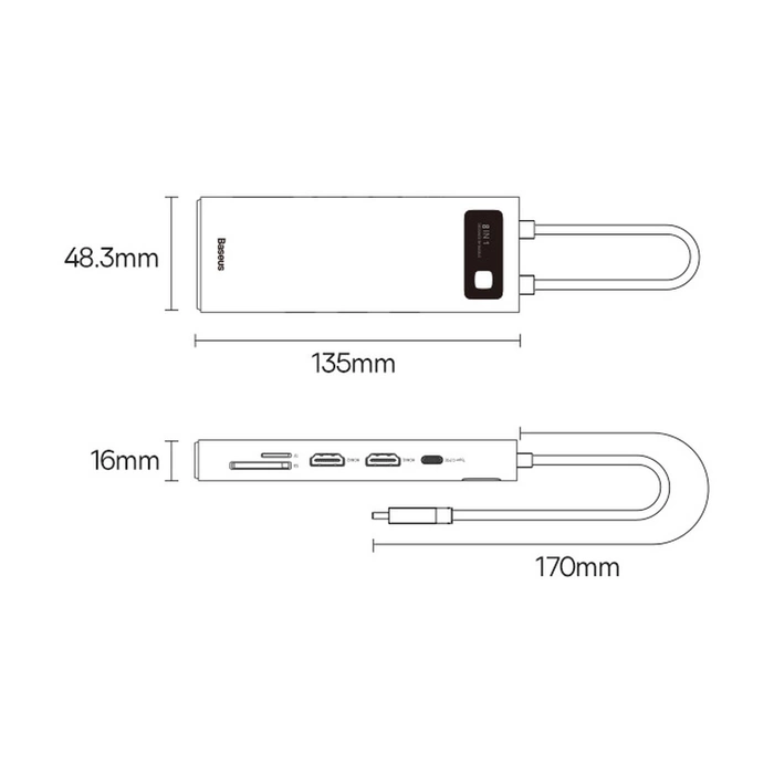 [RETURNED ITEM] Dokovací stanice 8-v-1 USB typu C HUB Baseus Metal Gleam Series – 2 x HDMI / 3 x USB 3.2 Gen. 1 / 1 x napájení / 1 x čtečka karet SD / 1 x čtečka karet TF šedá (WKWG050113)