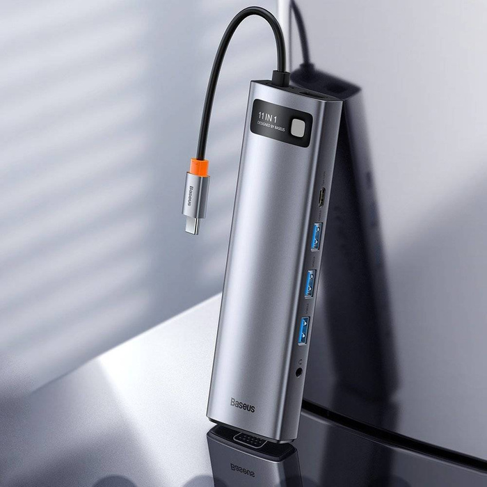 Baseus Metal Gleam 11in1 Multifunktions-HUB USB Typ C - 3x USB 3.2 Gen 1 5Gbps / USB Typ C PD 100W / 3,5 mm Miniklinke AUX / VGA Full HD 60Hz / 2x HDMI 4K 30Hz / TF und SD Kartenleser / RJ45 1Gbps grau (CAHUB-CT0G)
