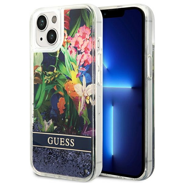 Hülle GUESS Apple iPhone 14 Blume Liquid Glitter Blau Hartcase