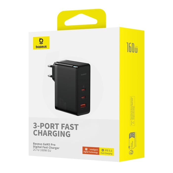 Wall charger Baseus GaN5 Pro 2xUSB-C + USB, 160W (black)