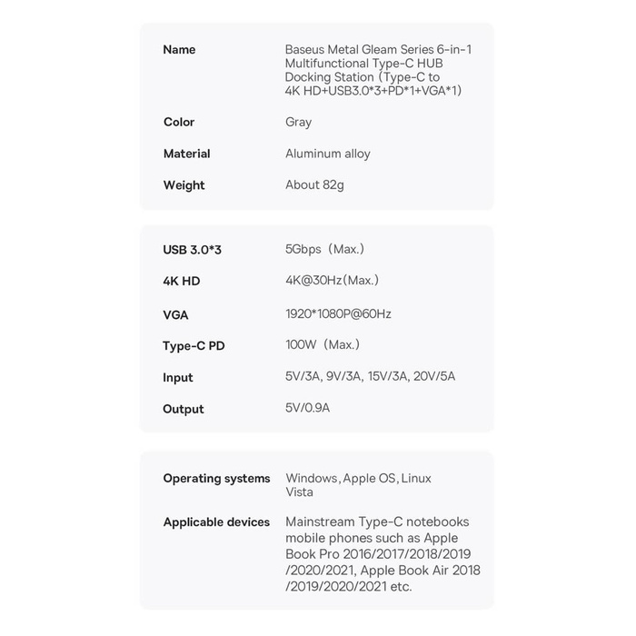 Baseus Metal Gleam Series Docking Station HUB 6 in 1 USB tipo C - 1 x HDMI / 3 x USB 3.2 Gen. 1/1 x Power Delivery / 1 x VGA grigio (WKWG030013)