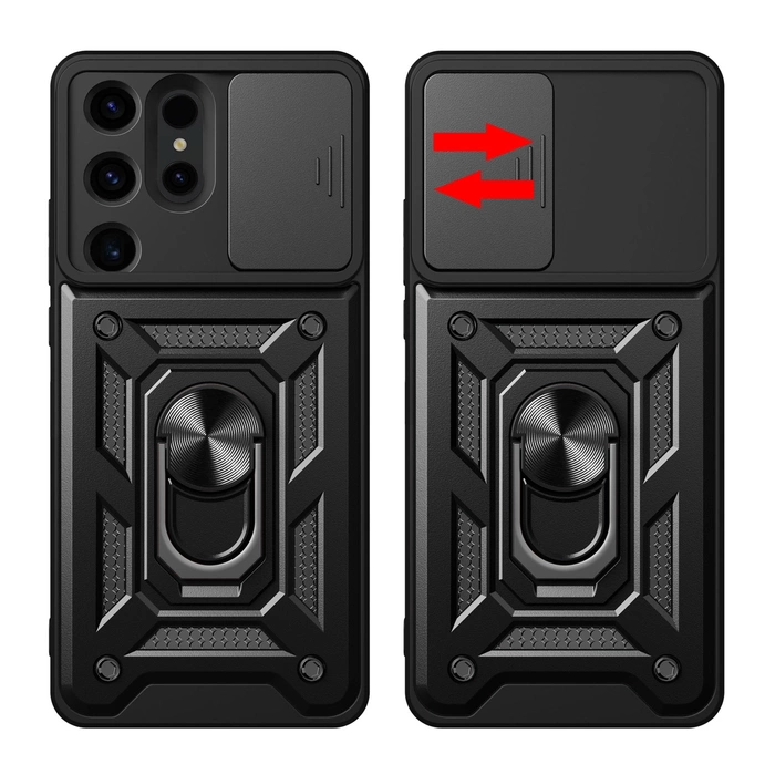 Hybrid Armor Camshield Hülle für Samsung Galaxy S24 Ultra gepanzert mit Kameraabdeckung – Schwarz