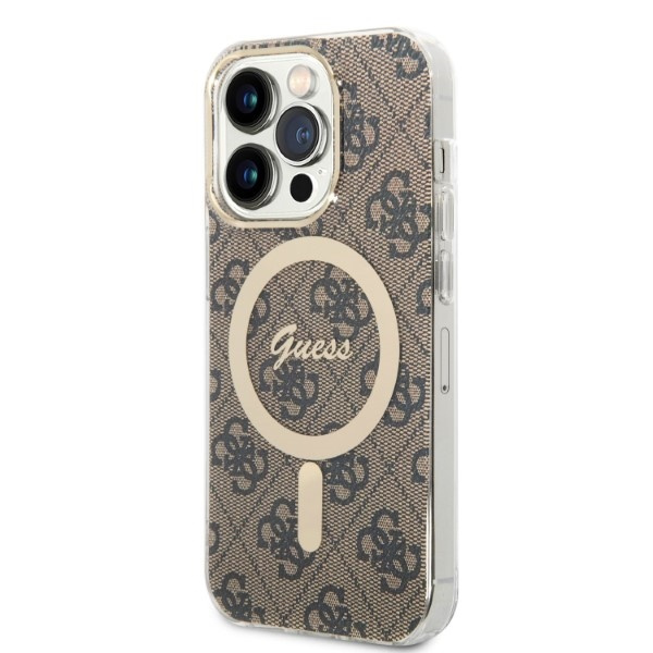 Kit Funda Guess Case+ Cargador iPhone 14 Pro Max 6.7" marrón/marrón duro case 4G Print MagSafe