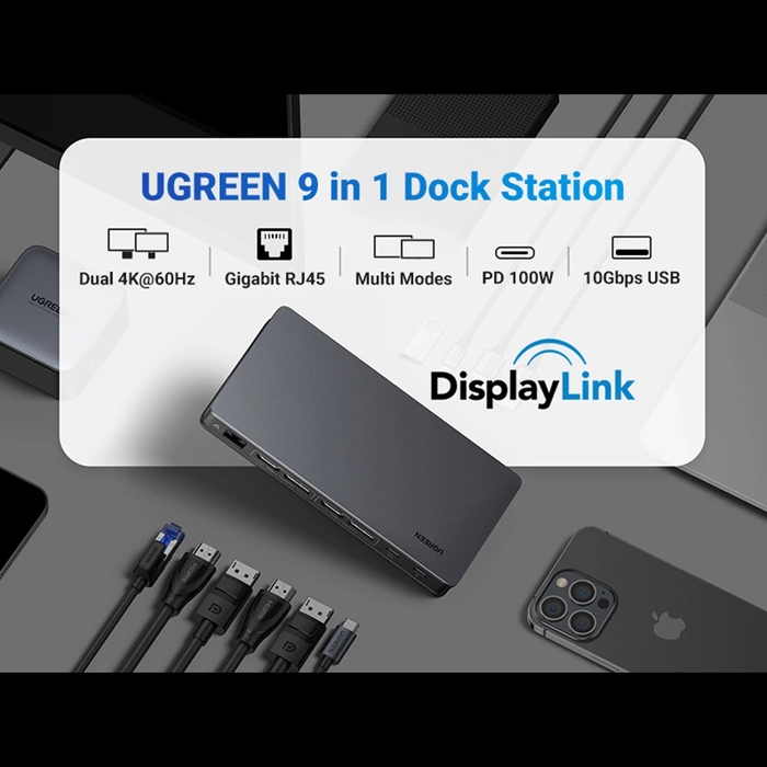 Adaptér HUB UGREEN CM615 USB-C na 2x USB-A, 1x USB-C 3.1, 2x HDMI, 2x DP, SD/TF, RJ45