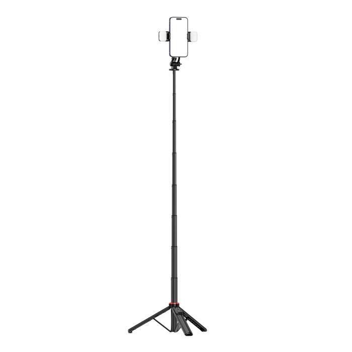Selfie Stick WC12YDS Teleskopstativ 1,3 m aus Aluminiumlegierung mit Dual-Licht und Telefonhalter – Schwarz