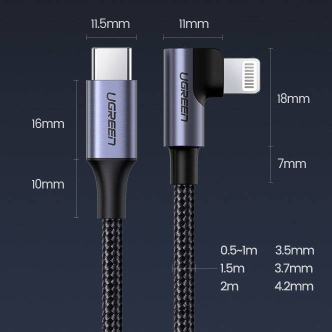 Ugreen MFI pravoúhlý kabel s boční zástrčkou USB typu C - Lightning Power Delivery 3 A 1 m šedý (60763 US305)