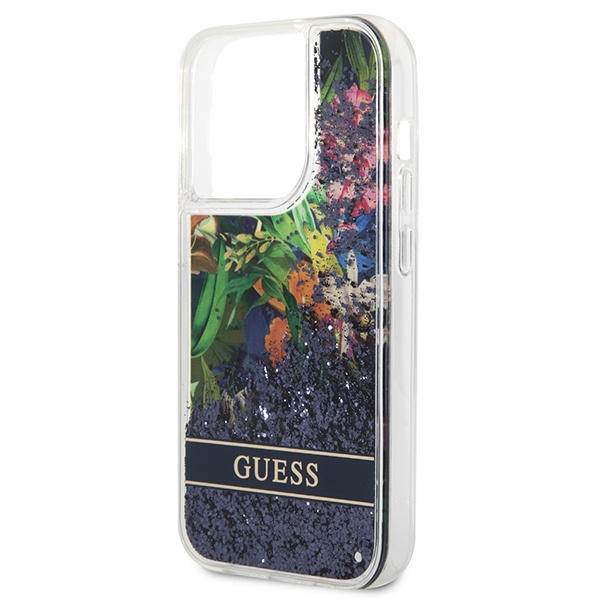 Case GUESS Apple iPhone 14 Pro Flower Liquid Glitter Blue Hardcase