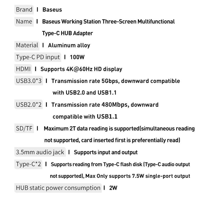 Baseus multifunkčný HUB 3x USB 3.2 Gen 1 / 2x USB Typ C / SD a micro SD / AUX / 2x DisplayPort / 2x HDMI / RJ45 1Gbps Napájanie 100 W (zástrčky EÚ / CN / UK) sivá (CAHUB-DG0G)