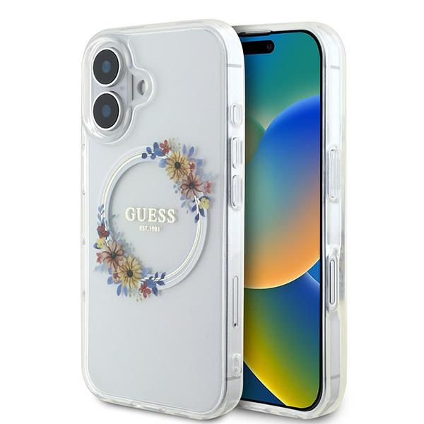 Etui Guess iPhone 16 Plus 6.7" przeźroczysty/transparent hardcase IML Flowers Wreath MagSafe