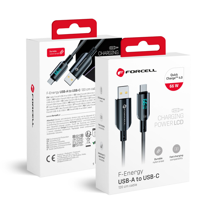 Kabel USB A do USB C Forcell F-Energy QC4.0 PD 3A 66W Digital 1,2 m C272 czarny