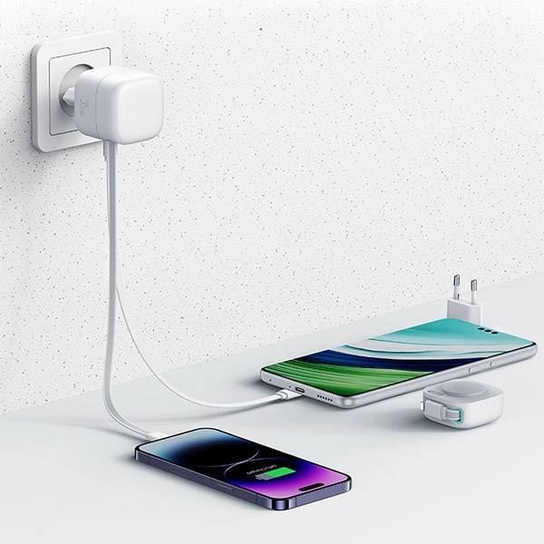 USAMS Ład. siec. 1xUSB-C ze zwijanym kablem Lighning (only head) PD+QC 35W Gan Fast Charging biały/white XMF Series CC209TC02 (US-CC209)