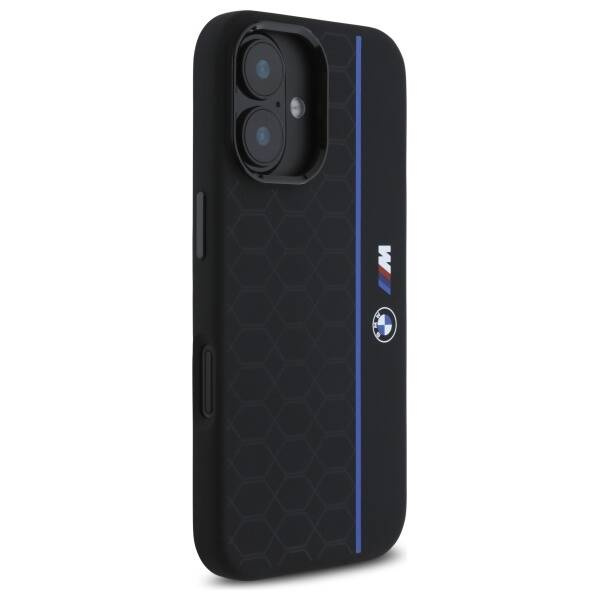 Coque BMW iPhone 16 noir/noircase Silicone Hexagon Blue Line MagSafe