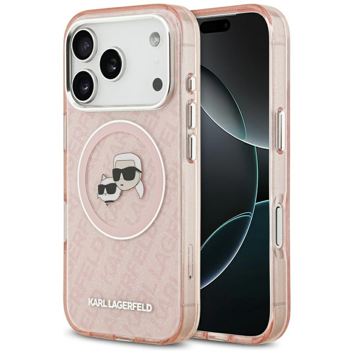 Etui Karl Lagerfeld IML Glitter Karl &   Choupette Heads Logo MagSafe do iPhone 17 Pro Max różowy