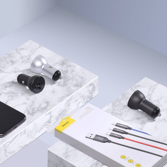 Baseus caricabatteria da auto 2x USB 4.8A 24W con LCD + cavo 3in1 USB - USB tipo C / micro USB / Lightning 1.2m nero (TZCCBX-0G)