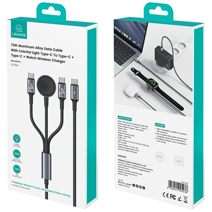 Kabel USAMS Huan 72W USB-C do USB-C z Ładowarką Bezprzewodową do Zegarka SJ754 Matowy