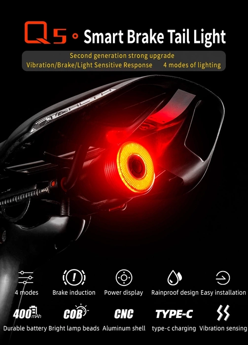 Rockbros Q5 rear bicycle light with intelligent stop system - black