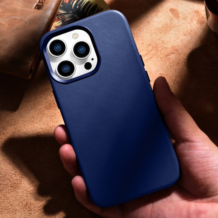 iCarer Case Leather Housse en cuir véritable pour iPhone 14 Pro Max Bleu (WMI14220708-BU) (Compatible MagSafe)