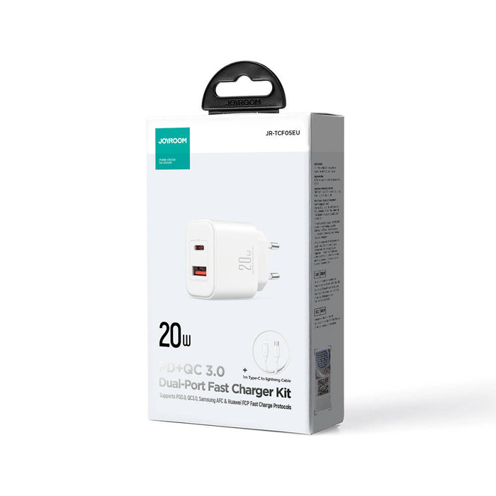 Joyroom JR-TCF05 20 W USB-C / USB-A Schnelles Dual-Port-Wandladegerät – Weiß + USB-C – Lightning 1 m