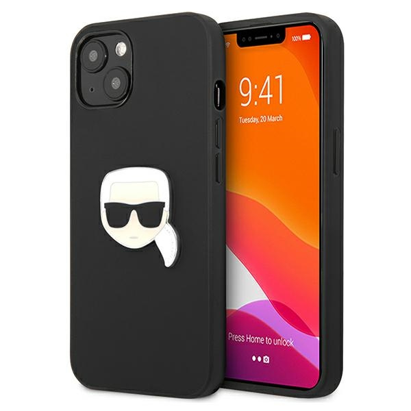 Hülle KARL LAGERFELD Apple iPhone 13 Mini Leder Ikonischer Karlskopf Metall Schwarz Hardcase