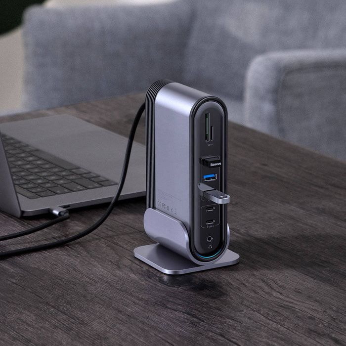 Baseus multifunkčný HUB 3x USB 3.2 Gen 1 / 2x USB Typ C / SD a micro SD / AUX / 2x DisplayPort / 2x HDMI / RJ45 1Gbps Napájanie 100 W (zástrčky EÚ / CN / UK) sivá (CAHUB-DG0G)