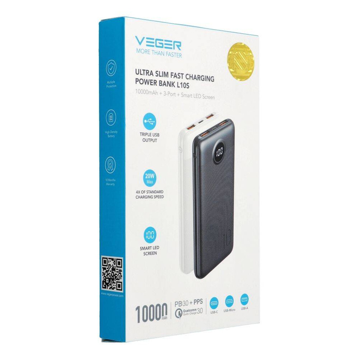 Powerbank Veger L10S (W1105PD) PD QC3.0 2A 20W 10000 mAh biały