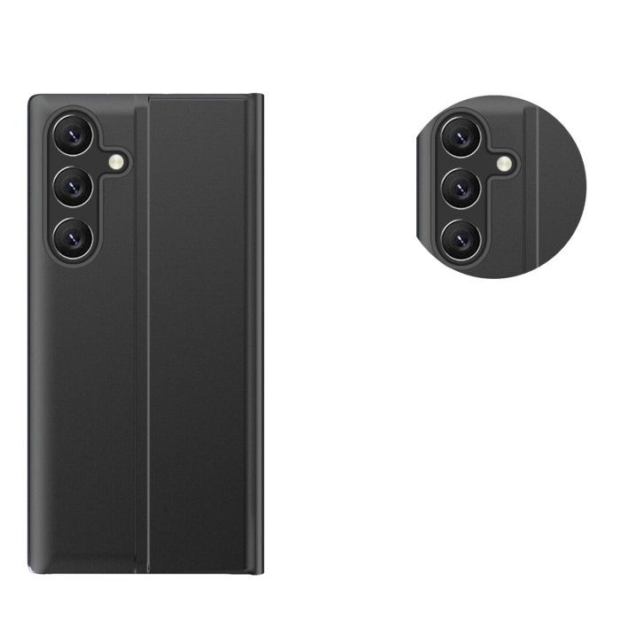 Neue Sleep Case Hülle für Samsung Galaxy S25, Cover mit Klappe und Ständer - Schwarz