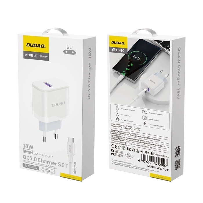 Dudao A20EU USB-A 18W wall charger - white + USB-A - USB-C cable