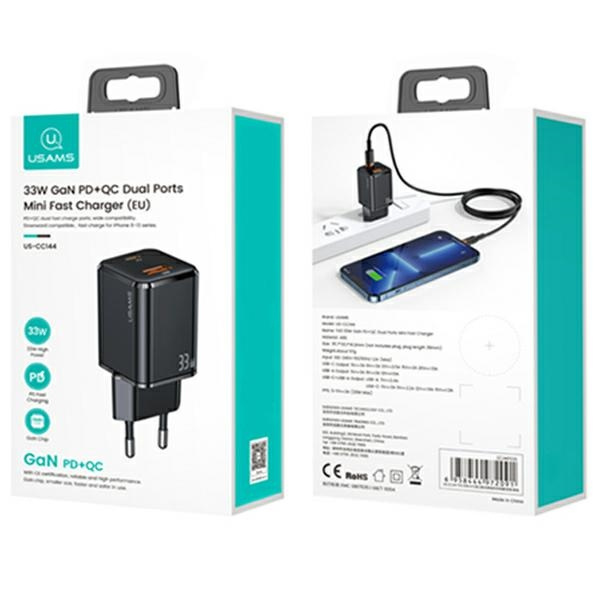 USAMS Network charge. 1xUSB-C+1xUSB T43 33W PD3.0 +QC3.0 + cable U63 USB-C to lightning black/black USKTZ01