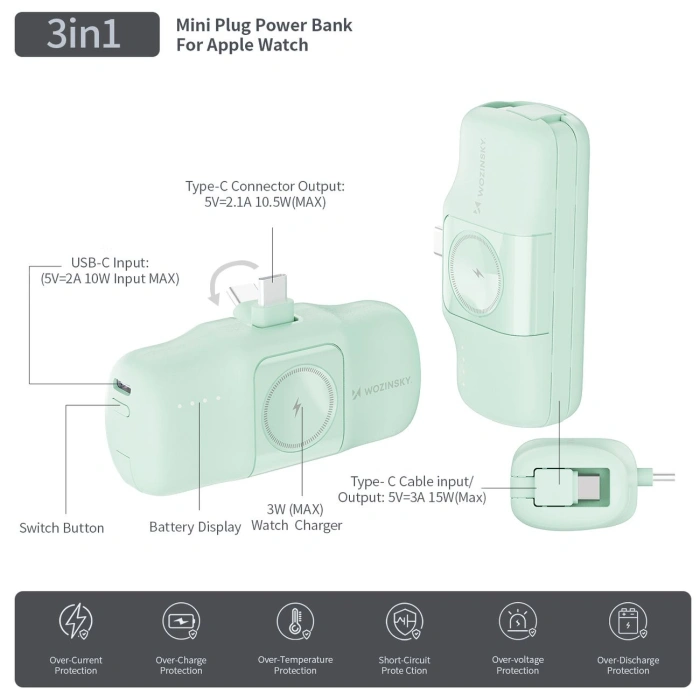 Mini powerbank Wozinsky WF16-YCS 5000mAh 15W USB-C z wbudowanym kablem USB-C i ładowarką do Apple Watch - zielony