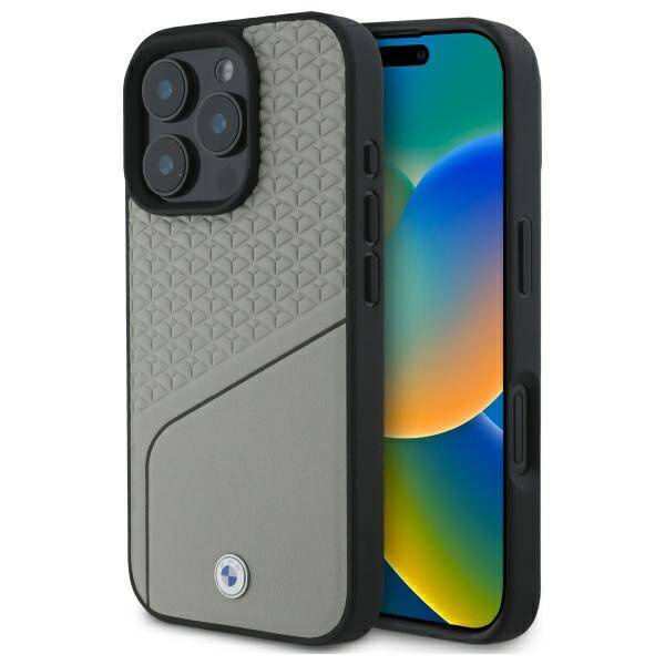 Hülle BMW iPhone 16 Pro Max 6.9" grau/grau hartcase Schild Leder strukturiert und Linie MagSafe
