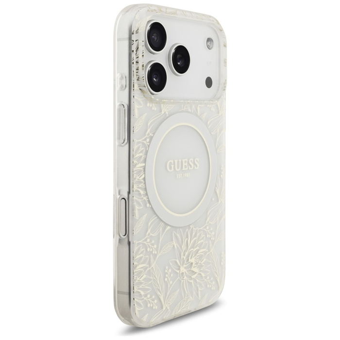 Etui Guess IML Flowers Electro Pearl     Strap MagSafe do iPhone 17 Pro biały