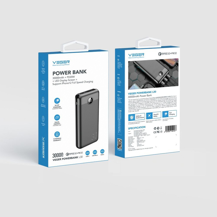 Powerbank Veger L30 (W3008PD) PD QC3.0 3A 20W 30000 mAh czarny