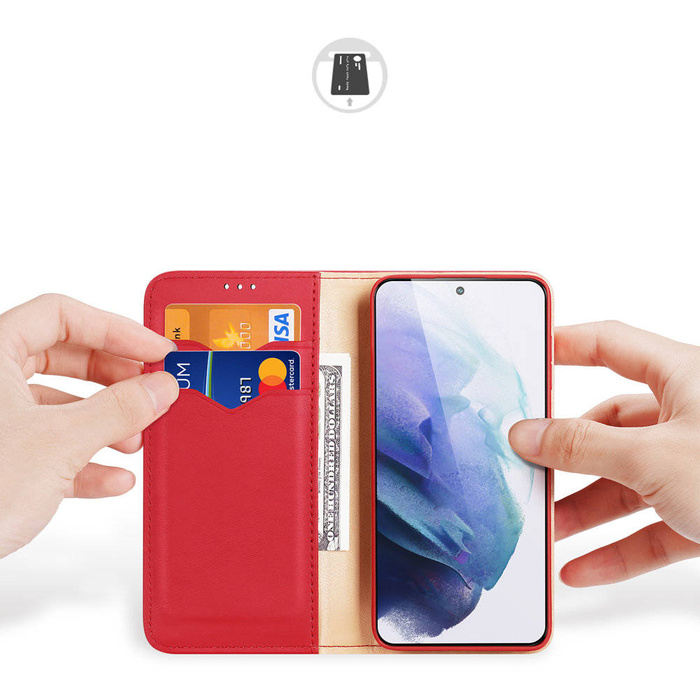 Dux Ducis Hivo Telefontok Flip Cover Valódi bőr pénztárca kártyákhoz és dokumentumokhoz Samsung Galaxy S22 + (S22 Plus) Red