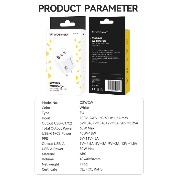 Chargeur mural Wozinsky CGWCW 65W USB-A / 2 x USB-C GaN - blanc