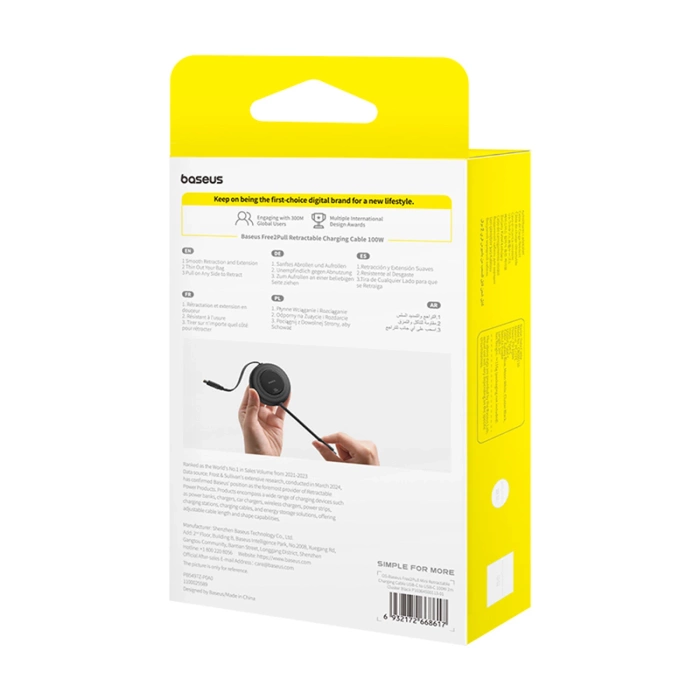 Kabel Baseus Free2Pull Mini 100W zwijany USB-C - USB-C 2m - czarny