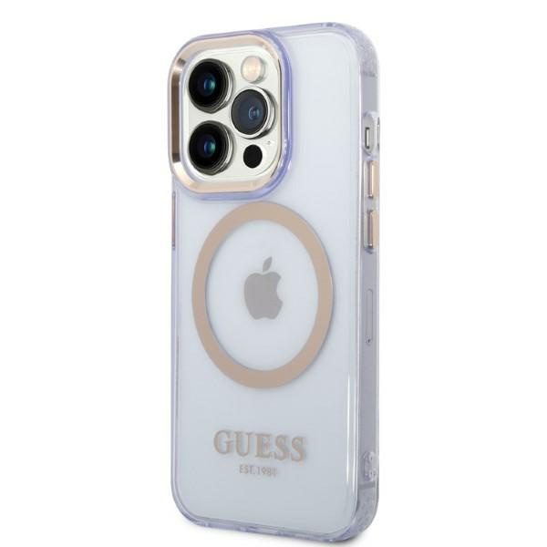 Case GUESS Apple iPhone 14 Pro Gold Outline Translucent MagSafe Gold Purple Clear Hardcase