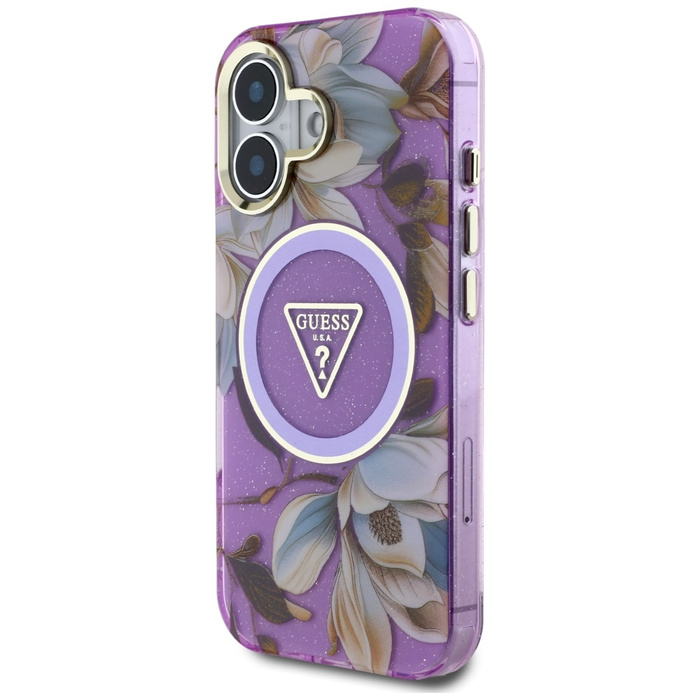 Etui Guess Glitter Flowers Triangle       Buttons MagSafe do iPhone 16 fioletowy