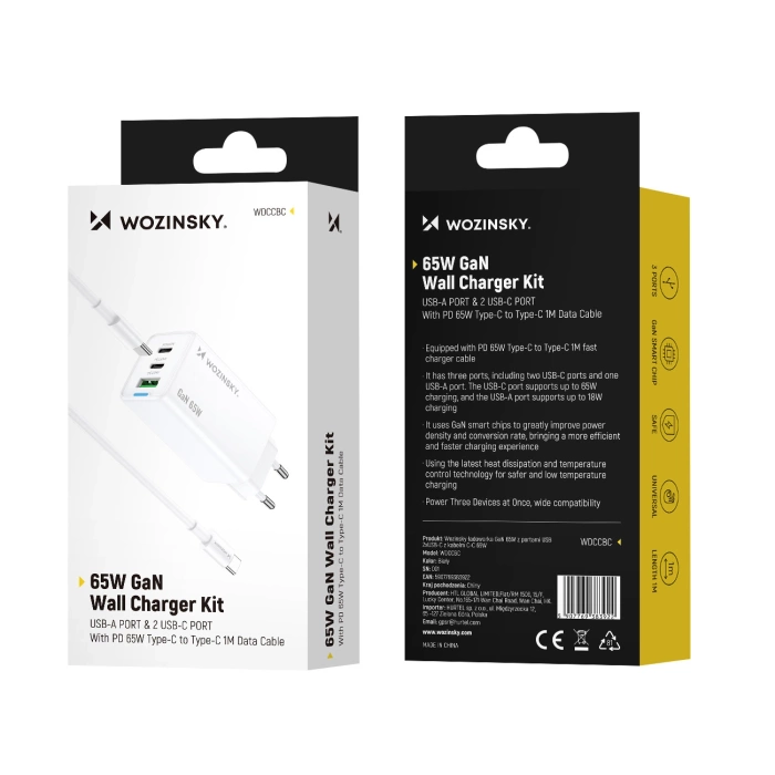 Wozinsky GaN 65W Ladegerät mit 2xUSB-C USB-Anschlüssen mit 65W CC-Kabel - Weiß