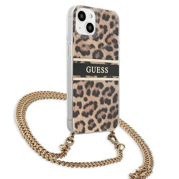 Hülle GUESS Apple iPhone 13 Mini Leopard Gold Strap Braun Hardcase